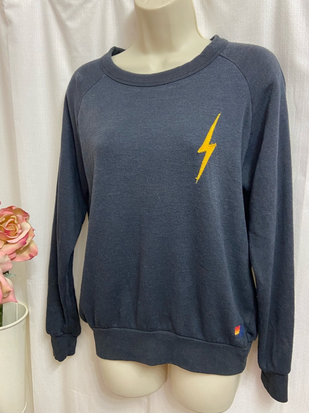 Aviator Nation Lightening Bolt Crewneck Sweatshirt in Navy Blue/Gray